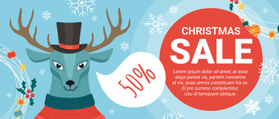 Christmas sale offers promotion vector illustration. Cartoon cute smiling deer in top hat among Xmas decoration snowflakes offering big Christmas sale, discount price in store promo banner background