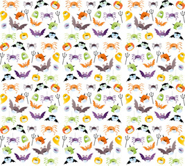 Cute Halloween holiday background pattern texture vector
Ghost vampire bat devil pumpkin ninja mummy spider with face mask - funny graphic for kids and pandemic covid 19 protection