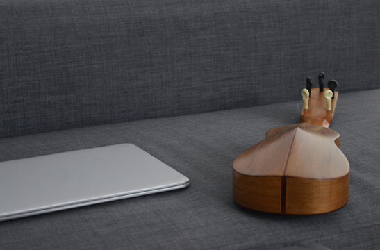 Laptop and old timple on a sofa.