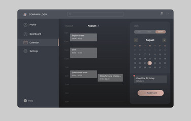 Generic and fictional web or tablet application interface for calendar with schedule meetings in dark mode with menu and company logo