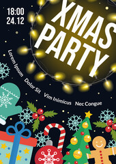Christmas party flyer vector illustration. Winter holiday card design with festive glittering garland, house under snow, snowman, snowflake in ball for Christmas tree. Creative invitation background