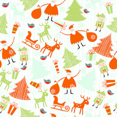 Fototapeta premium Christmas seamless pattern for greeting cards, wrapping paper. Hand drawn winter background from doodle Christmas trees, Santa, snowflakes, deer and birds. Vector illustration.