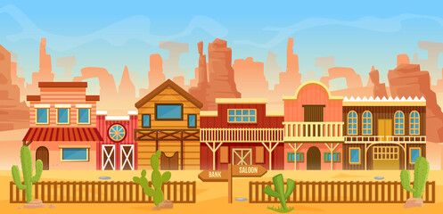 Western American town in desert landscape vector illustration. Cartoon flat scenery in wild west of America, old houses with home, bar saloon or bank for cowboys, cactuses on mountain rocks background