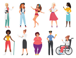 Fototapeta na wymiar Different woman vector illustration set. Cartoon flat international female characters collection with professional lady wearing uniform, girls worker staff of various professions in work or vacation