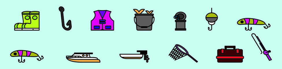 set of fishing element. lure, fish net and more cartoon icon design template with various models. vector illustration isolated on blue background