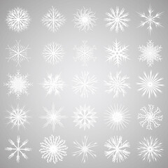 vector, isolated, white snowflake on gray background, set
