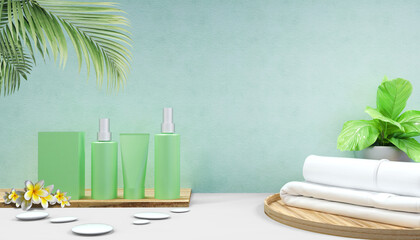 Flat lay Spa Healthcare Medical background  and massage shampoo products treatments with palm leaves and copy space on blue wall minimal Style - 3d rendering