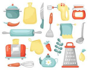 collection of kitchen appliances for cooking in cartoon style. home cute culinary tools.isolated on white background. vector set.