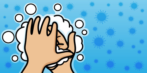 Hand washing and disinfection against viruses on a blue background.