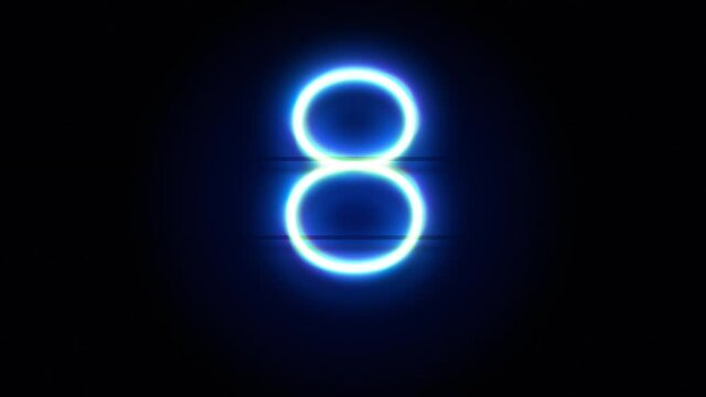 Neon number 8 appear in center and disappear after some time. Animated blue neon alphabet symbol on black background. Looped animation.