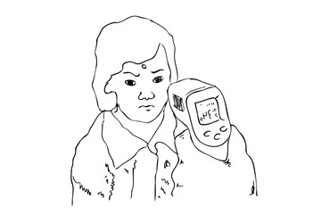 Obraz premium Simple Vector Hand Draw Sketch, Woman, Body Temperature, health protocols during a pandemic Covid-19