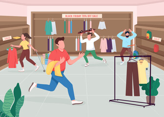 Shopaholics on Black friday flat color vector illustration. Clothes store on seasonal sale. Customers buying purchases. Shoppers 2D cartoon characters with boutique interior on background