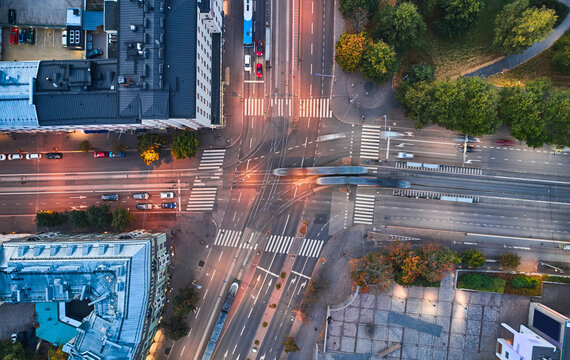 Aerial view of the intersection in Helsinki, Finland. The trams are crossing the intersection