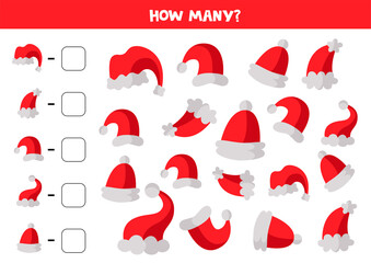 How many winter caps are there. Count all Santa Claus hats. Educational math game.