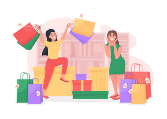 Girls shopping flat concept vector illustration. Sell clothes with discount. Special offer for customers. Shopaholics 2D cartoon characters for web design. Seasonal sale in boutique creative idea