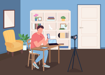 Vlogger flat color vector illustration. Man shooting video with camera. Live streaming for social media. Record review. Blogger 2D cartoon characters with studio interior on background