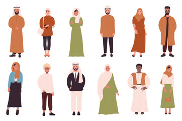 Muslims people vector illustration set. Cartoon flat happy Muslim man woman characters in different clothes standing together in row, Islamic religious young persons collection isolated on white