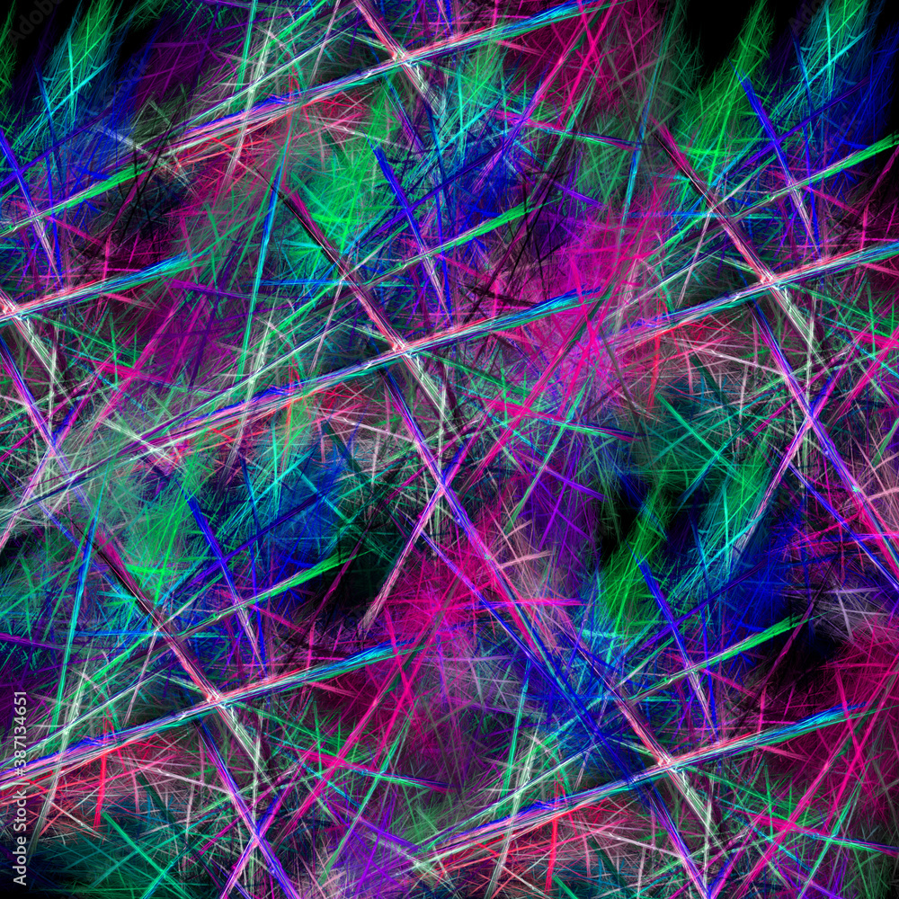 Poster the multi-colored lines intersect with each other against the background with bright spots. imitatio