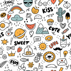 Seamless pattern with colorful lifestyle doodles.