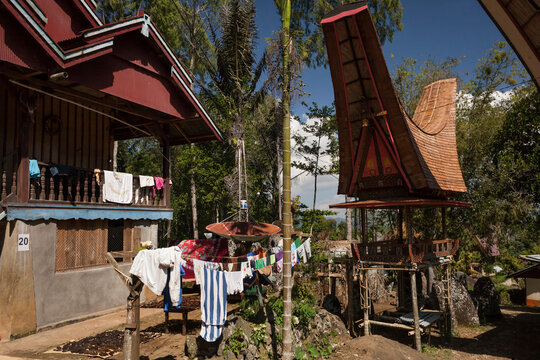 Traditional Torajan house with hanging laundry, a tongkonan and a parabolic antenna in Buntu Lobo' Viesta village, Sulawesi, Indonesia