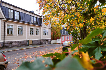 The old wooden district Puu Vallila of Helsinki, Finland. Autumn cityscape.