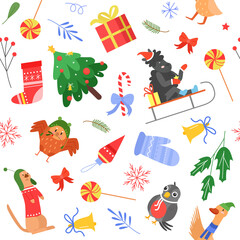 Christmas seamless pattern with animals and gifts vector illustration