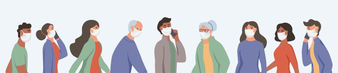 People wear protective medical masks horizontal background. Young and old women and men wearing respirators. Coronavirus, air pollution, seasonal allergies. Flat vector illustration