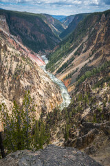 hiking the canyon rim south trail in grand canyon of the yellowstone, wyoming, usa
