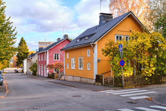 The old wooden district Toukola of Helsinki, Finland. Autumn cityscape.
