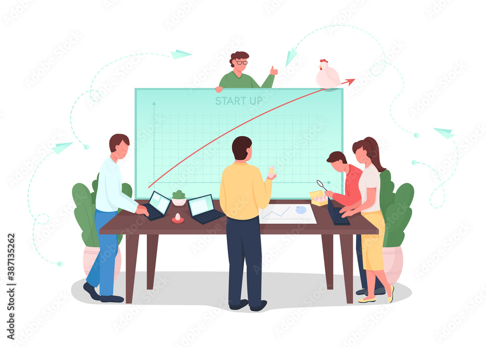 Poster startup flat concept vector illustration. teamwork on project development. analyzing financial chart