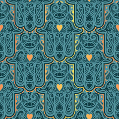 Bohemian seamless ornament with hamsa or hand of Fatima.Ornate vector wallpaper, decorative vector art.