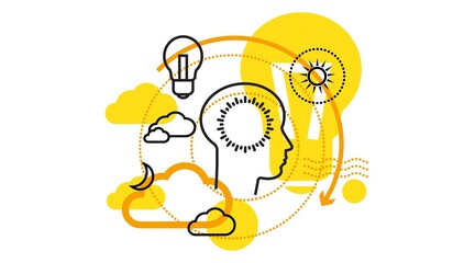 Flat design banner. Silhouette line human head with bulb vector illustration. Creative thinking and imagination concept. Big idea, generation of decisions, enlightenment.