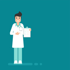 Man doctor with check list on blue background. Precautions list. Check yourself.