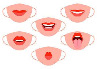 Fototapeta na wymiar Protective individual masks with mouth image. Human mouth facial expressions mask. Red female lips emotions. Womans smile, kiss, tongue sticking out. Vector illustration