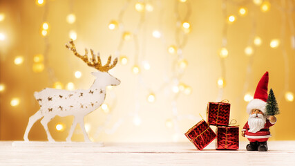 Christmas and New Year holidays background. Santa Claus with gifts, on festive background.