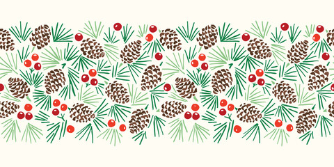 Hand Drawn Abstract Christmas Pin Cone, Red Berries, Fir Tree Foliage Horizontal Vector Seamless Pattern Border on Light Background. Modern Winter Linocut Holiday Print for Invitations, Gift Paper - 387137625