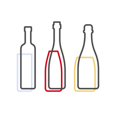 Simple line shape of vodka red wine and champagne bottle. One contour figure of flask, the second drink. Outline symbol beverage black color. Sign liquid colored. Isolated flat illustration.