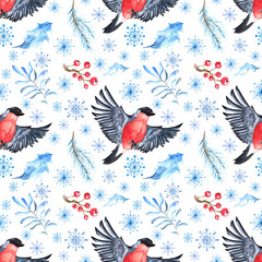 Watercolor seamless pattern of bullfinch bird, winter foliage and berries.