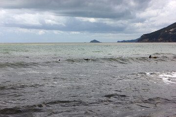 Surfing in corona times at Marina di Caarrara, Tuscany, Italy