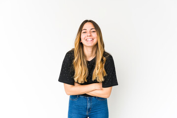 Young caucasian woman isolated on white background laughing and having fun.