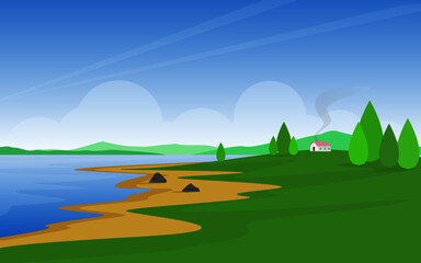 Obraz na płótnie Canvas landscape with lake and trees Village art concept 