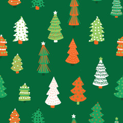 Christmas trees vector pattern. Seamless background hand drawn doodle trees. Decorative holiday background. Winter design white red green for fabric, gift wrap, card decoration, scrapbooking