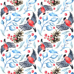 Watercolor seamless pattern of bullfinch bird, winter foliage
