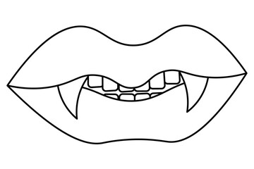 Vampire mouth. Sketch. Sharp fangs. Vector illustration. Dangerous lips. Coloring book for children. Halloween symbol. The devil bite. Outline on an isolated white background. Doodle style. All Saints