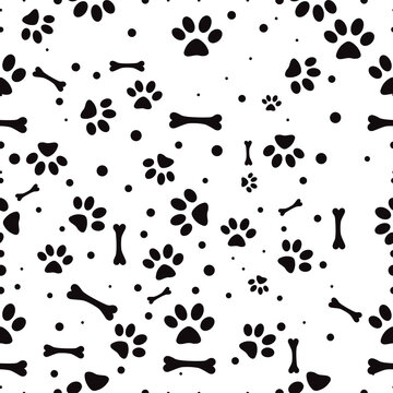 Hand-drawn silhouette of animal paw and bone semless  pattern background for print.