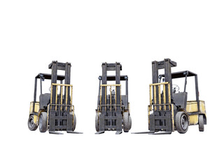 Three forklift trucks on white
