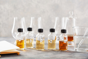 tasting bottles and glasses of whisky spirit brandy cognac. tasting at home