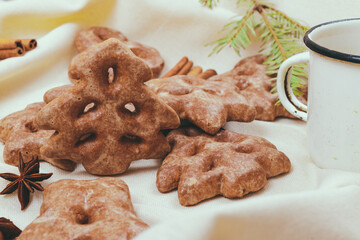 Ginger cookies, some spices and fir tree branch on the tablecloth.