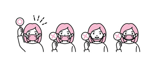 Explanation of how to wear a medical mask correctly and wrong. Instructions that show a girl