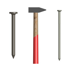 Hammer and nails front view, vector illustration.